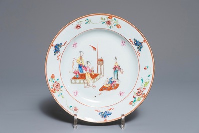 Three Chinese famille rose plates and an oval dish, 18/19th C.