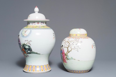 A Chinese famille rose covered jar and vase with fine figural design, Qianlong marks, Republic, 20th C.