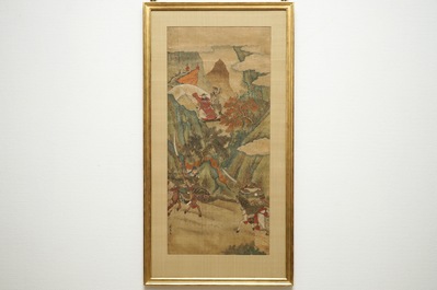 Een Chinese aquarel op textiel met een strijdsc&egrave;ne in berglandschap, 19e eeuw
