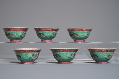 Six Chinese Straits or Peranakan famille rose bowls with phoenixes and peonies, 19th C.
