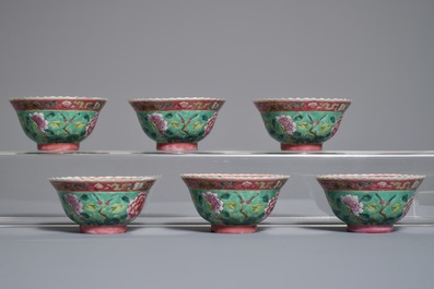 Six Chinese Straits or Peranakan famille rose bowls with phoenixes and peonies, 19th C.