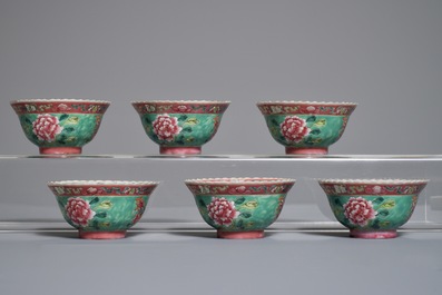 Six Chinese Straits or Peranakan famille rose bowls with phoenixes and peonies, 19th C.