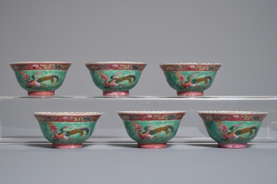 Six Chinese Straits or Peranakan famille rose bowls with phoenixes and peonies, 19th C.