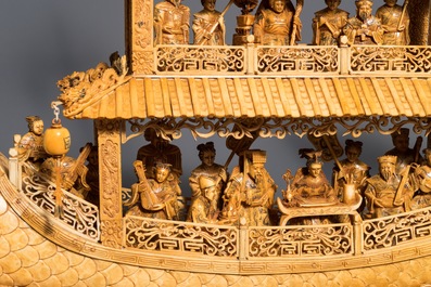 A very large Chinese carved ivory model of a dragon boat, 19th C.