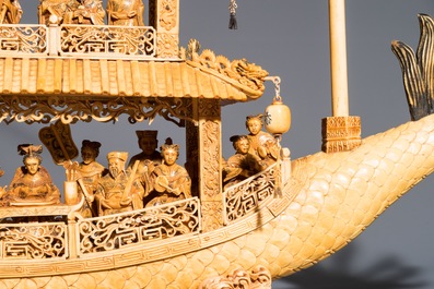 A very large Chinese carved ivory model of a dragon boat, 19th C.
