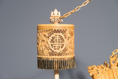 A very large Chinese carved ivory model of a dragon boat, 19th C.