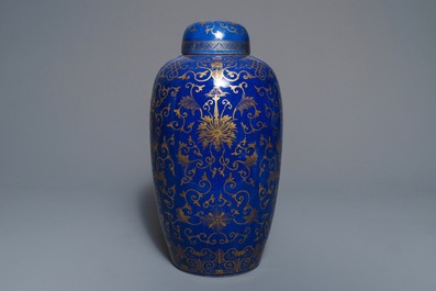 A large Chinese gilt-decorated blue-ground jar and cover, 19th C.