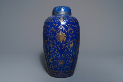 A large Chinese gilt-decorated blue-ground jar and cover, 19th C.