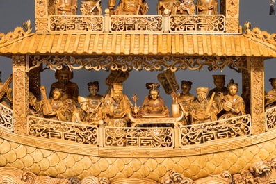 A very large Chinese carved ivory model of a dragon boat, 19th C.