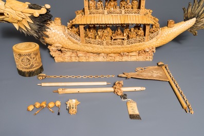 A very large Chinese carved ivory model of a dragon boat, 19th C.
