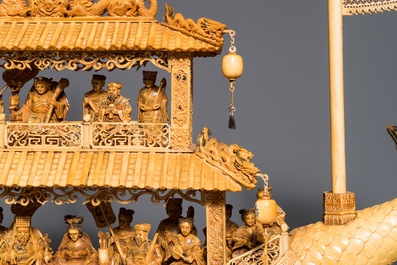 A very large Chinese carved ivory model of a dragon boat, 19th C.