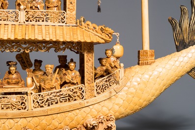 A very large Chinese carved ivory model of a dragon boat, 19th C.