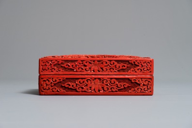 Two Chinese cinnabar lacquer boxes with dragons and figures in a landscape, 19/20th C.