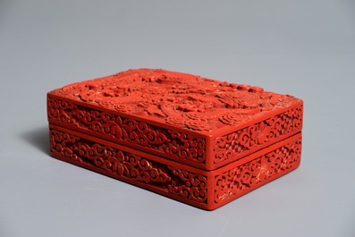 Two Chinese cinnabar lacquer boxes with dragons and figures in a landscape, 19/20th C.
