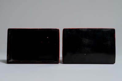 Two Chinese cinnabar lacquer boxes with dragons and figures in a landscape, 19/20th C.