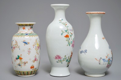 Three Chinese famille rose vases and a covered bowl on stand, various marks, 19/20th C.