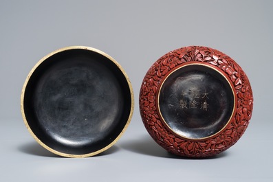 Two Chinese cinnabar lacquer covered boxes, one with Qianlong mark, 19/20th C.