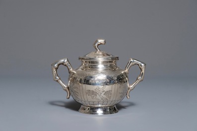 A Chinese silver-plated tea service on tray, Republic, 1st half 20th C.
