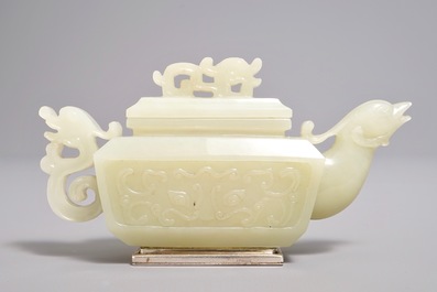 A Chinese silver-mounted jade 'dragon and phoenix' teapot, 19th C
