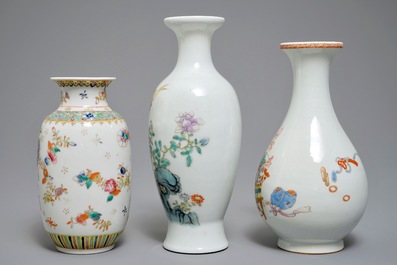 Three Chinese famille rose vases and a covered bowl on stand, various marks, 19/20th C.