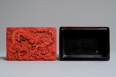Two Chinese cinnabar lacquer boxes with dragons and figures in a landscape, 19/20th C.