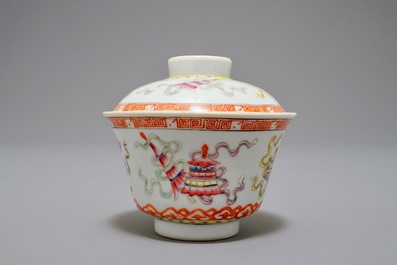 Three Chinese famille rose vases and a covered bowl on stand, various marks, 19/20th C.