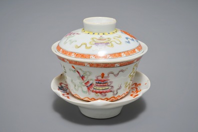 Three Chinese famille rose vases and a covered bowl on stand, various marks, 19/20th C.