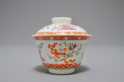 Three Chinese famille rose vases and a covered bowl on stand, various marks, 19/20th C.