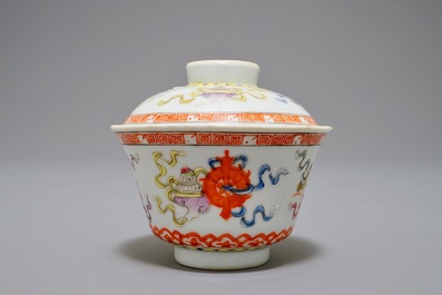 Three Chinese famille rose vases and a covered bowl on stand, various marks, 19/20th C.