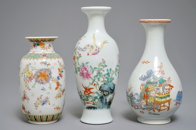 Three Chinese famille rose vases and a covered bowl on stand, various marks, 19/20th C.
