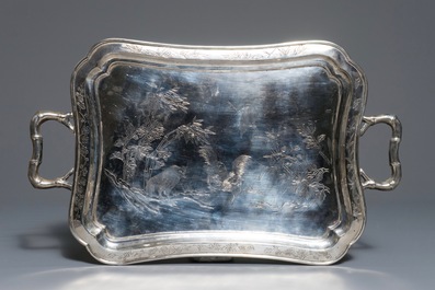 A Chinese silver-plated tea service on tray, Republic, 1st half 20th C.