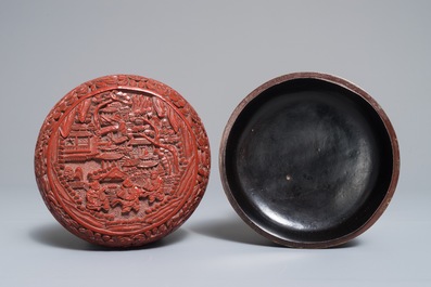 Two Chinese cinnabar lacquer covered boxes, one with Qianlong mark, 19/20th C.