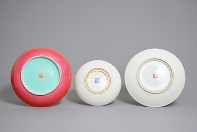 Three Chinese famille rose millefleurs dishes, Qianlong marks, Republic, 20th C.