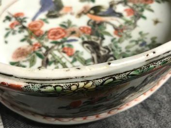 A Chinese famille verte tripod basin with birds among foliage, Kangxi