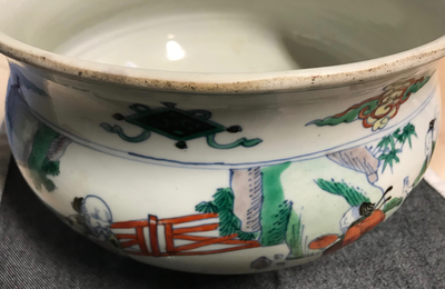 A Chinese doucai censer with figures in a landscape, Chenghua mark, Kangxi