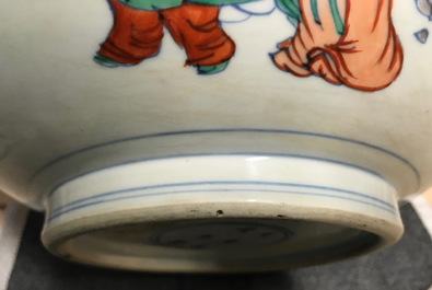 A Chinese doucai censer with figures in a landscape, Chenghua mark, Kangxi