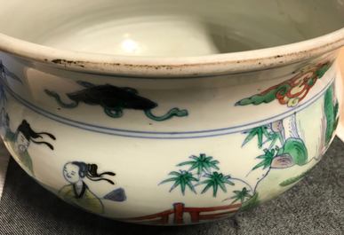 A Chinese doucai censer with figures in a landscape, Chenghua mark, Kangxi