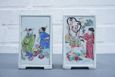 Two Chinese famille rose square brush pots with immortals, Yongzheng