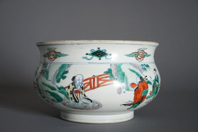 A Chinese doucai censer with figures in a landscape, Chenghua mark, Kangxi