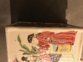 Two Chinese famille rose square brush pots with immortals, Yongzheng