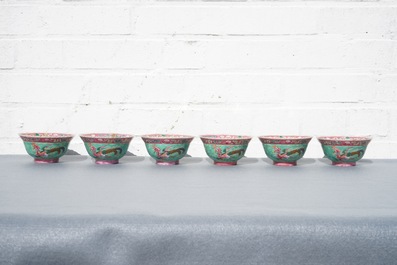 Six Chinese Straits or Peranakan famille rose bowls with phoenixes and peonies, 19th C.