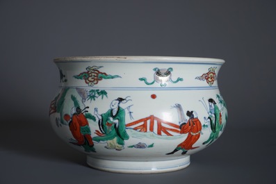 A Chinese doucai censer with figures in a landscape, Chenghua mark, Kangxi