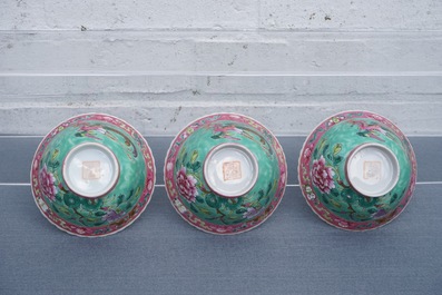 Six Chinese Straits or Peranakan famille rose bowls with phoenixes and peonies, 19th C.