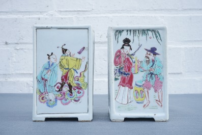 Two Chinese famille rose square brush pots with immortals, Yongzheng