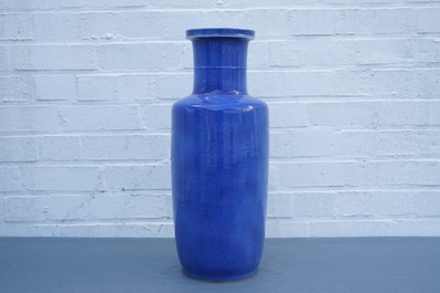 A Chinese monochrome powder blue rouleau vase, Kangxi