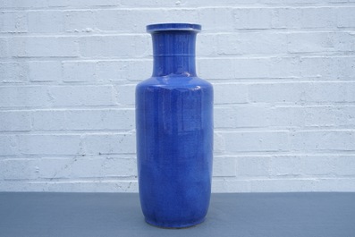 A Chinese monochrome powder blue rouleau vase, Kangxi