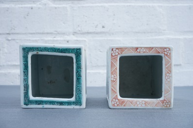Two Chinese famille rose square brush pots with immortals, Yongzheng