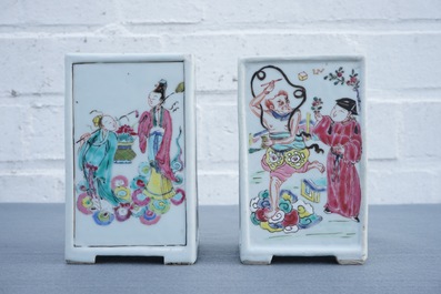 Two Chinese famille rose square brush pots with immortals, Yongzheng
