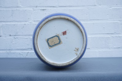 A Chinese monochrome powder blue rouleau vase, Kangxi