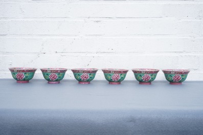Six Chinese Straits or Peranakan famille rose bowls with phoenixes and peonies, 19th C.